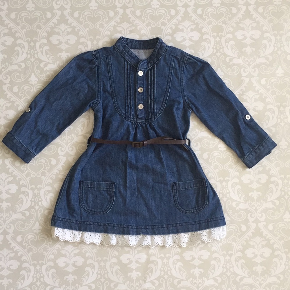 Toddler denim and eyelet lace dress with belt
